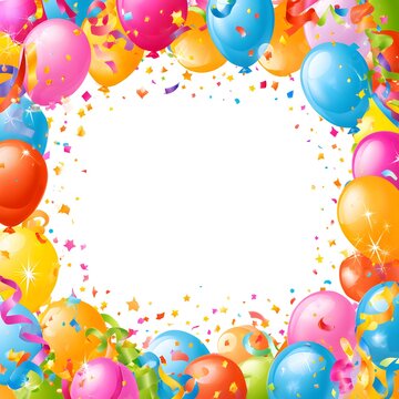 A colorful festive border featuring balloons, confetti, streamers, stars, ribbons, sparkling lights, bright gradients, playful and joyful design.