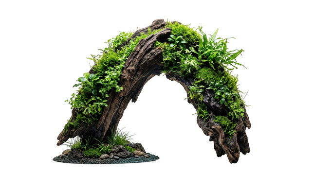 Aquascaping driftwood arch with aquatic plants isolated on transparent background