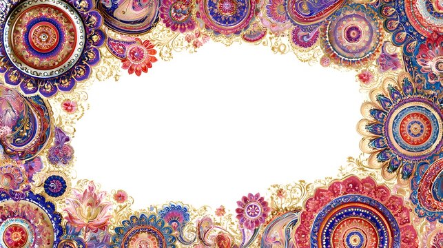 An intricate border combining colorful mandalas, floral patterns, paisley motifs, gold accents, vibrant jewel tones, symmetrical decorative frame.