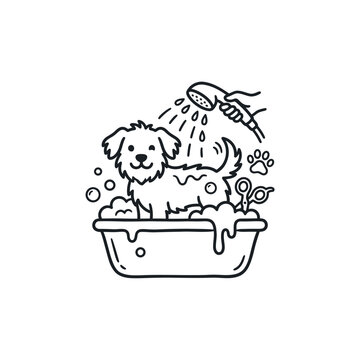 Small dog taking bath in tub with shower head line art.