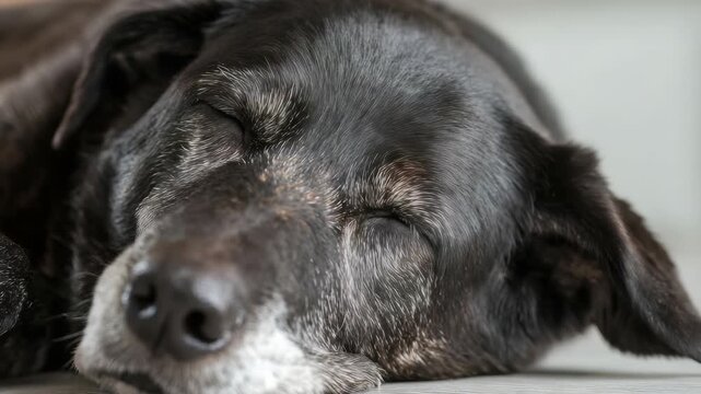 A relaxed elderly black dog rests with eyes closed, showing signs of age with white fur around its muzzle. The serene atmosphere emphasizes warmth, trust, and the beauty of senior pets