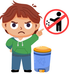 Angry Boy Pointing at No Littering Sign Vector
