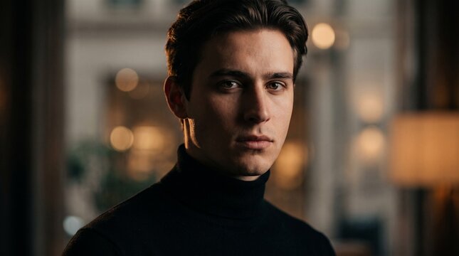 Close up portrait of a young man wearing a black turtleneck sweater