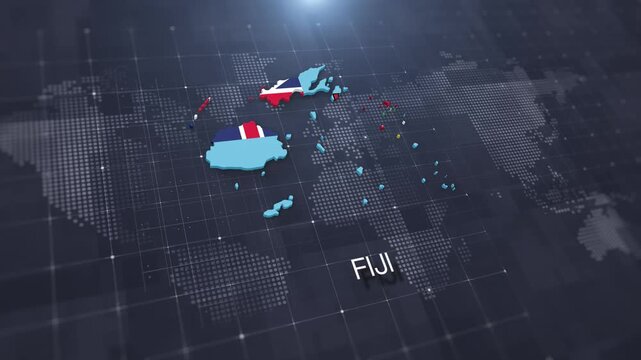 Fiji map with national flag on digital world map background, geographic border, global political and international news concept