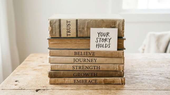 Stack of old books with inspirational words and a note
