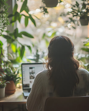 Person working from home on laptop surrounded by indoor plants