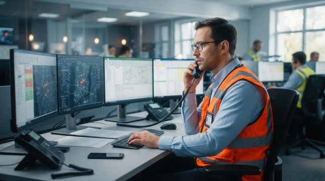 Professional operator working in an emergency call center 911 phone service.