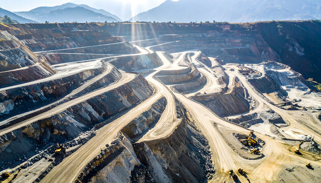 Aerial view of an open pit mine with winding terraced roads and excavation machinery under sunlight