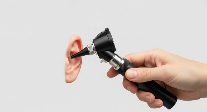 Close-up view of a hand holding a professional otoscope for ear examination and diagnosis.