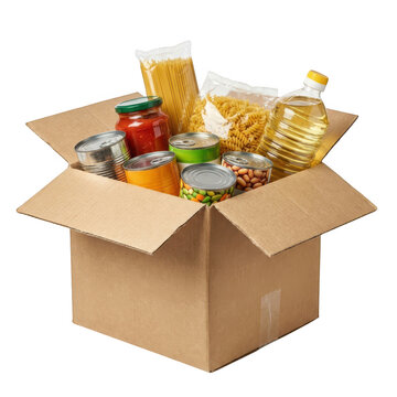 Cardboard box filled with various nonperishable food items isolated on transparent background