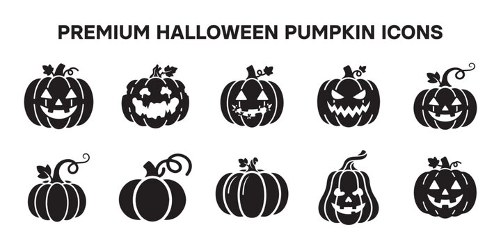 Premium Halloween Pumpkin Solid Icons Set | Jack O' Lantern, Spooky Pumpkin, Scary Face & Autumn Collection.