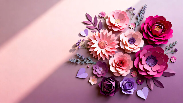 Sophisticated floral composition made of paper flowers in shades of purple and pink on a textured gradient background with copy space handmade decoration background botanical creative stylized
