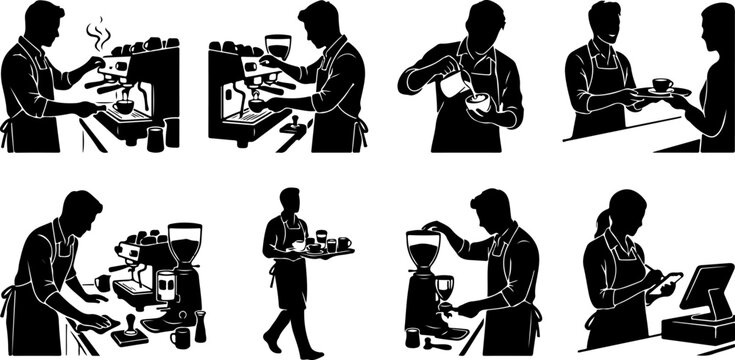 Set of silhouettes of baristas working in a coffee shop vector illustration