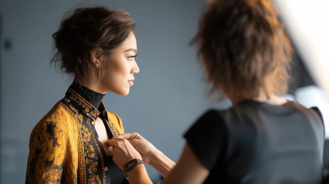 A professional stylist perfects the details of a model&rsquo;s intricate outfit, highlighting high fashion and meticulous craftsmanship. The image radiates sophistication and current fashion aesthetics