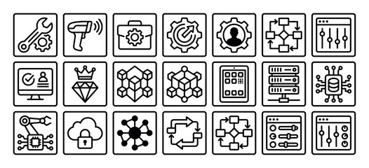 Fototapeta premium Technology and business process line icon set with symbols for automation, data management, workflow, cloud security, and user interface settings in a clean minimalist outline style