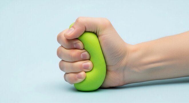 Hand squeezing a bright green rehabilitation grip stress ball to relieve tension