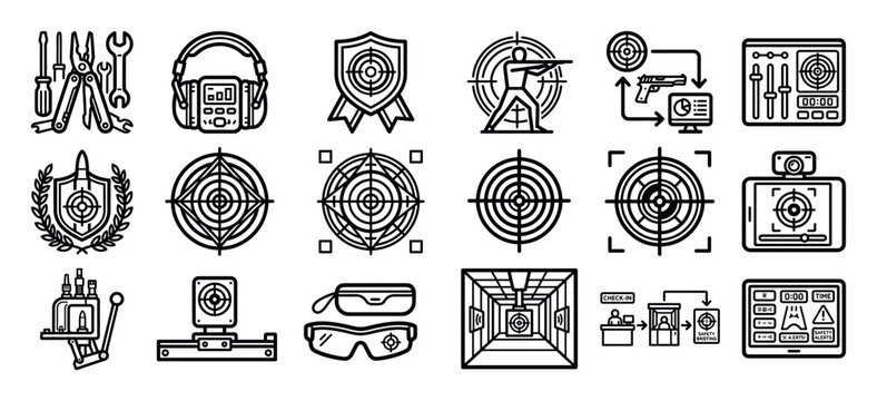 Shooting range and firearm practice line icon collection with various targets, safety equipment, marksmanship symbols, and electronic scoring systems for sport and training