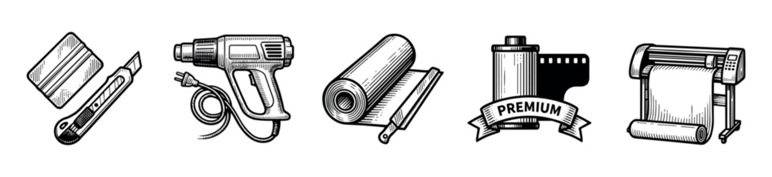 Collection of five vintage tool icons for vinyl wrapping and printing, featuring a squeegee, knife, heat gun, film roll, and plotter in a black and white engraved illustration style