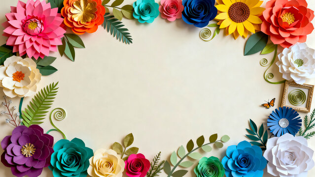 Colorful paper flowers forming a rectangular frame for text copy space on a neutral background with handmade decoration background colorful botanical creative invitation template copyspace