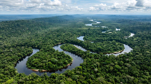An breathtaking aerial view captures the majestic Amazon River as it gracefully winds through the dense, sprawling green canopy of the untouched tropical rainforest under a cloudy sky.