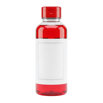 Red Liquid In Clear Bottle With White Label Isolated On Black Background plastic