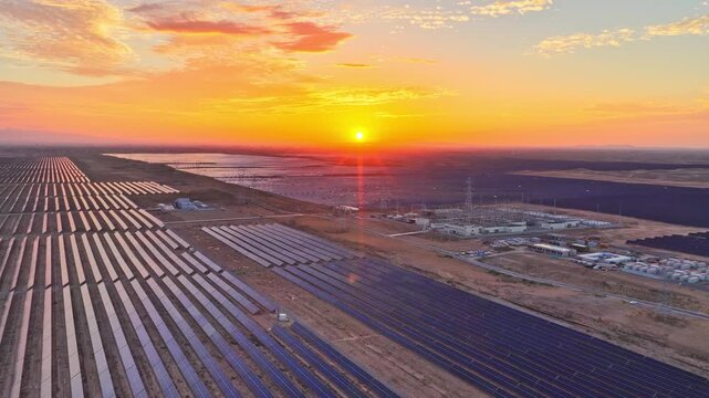 Energy storage station at sunset, new energy, shared power energy, solar photovoltaic power plant