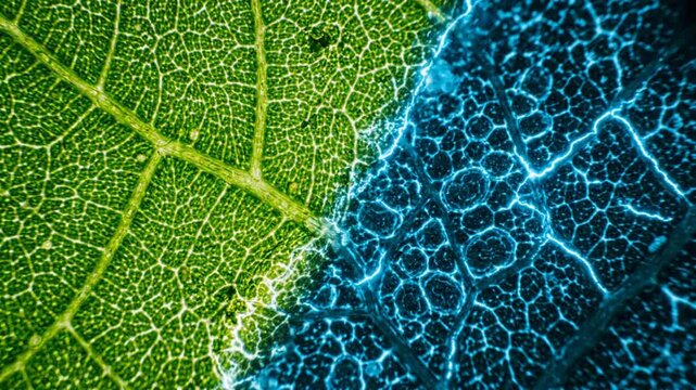 Macro leaf vein texture with bioluminescent blue and natural green contrast, abstract botanical background, for science and, nature concepts