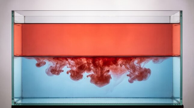 Din&aacute;mica de fluidos, convecci&oacute;n t&eacute;rmica de agua roja y azul en tanque de cristal
