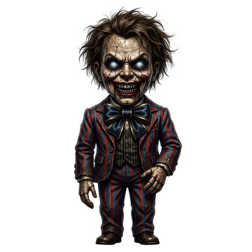Creepy ventriloquist doll with glowing eyes isolated on transparent background
