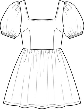 Fashion flat sketch template of a short puff sleeve square neckline mini dress apparel design technical drawing