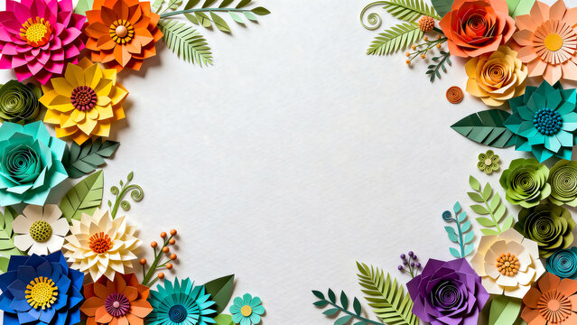 Handcrafted bright paper flower border framing a central copy space on a clean white background with handmade decoration background colorful botanical creative invitation template copyspace