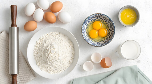 Baking Recipe Frame with Flour Eggs Milk and Rolling Pin | Fresh Dough Preparation Flat Lay | White Texture Kitchen Background