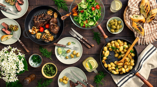 Grilled Steak Dinner Table Flat Lay with Potatoes Salad and Wine | Rustic BBQ Feast Overhead View | Outdoor Summer Dining Background
