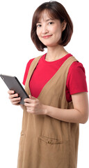 Obraz premium Happy asian woman smiles cheerfully, holding digital tablet. Young adult female expresses confidence, wearing red shirt