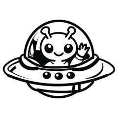 Hand-drawn vector illustration of a cute alien in a UFO spaceship waving hello, created manually with pen tool, bold black and white line art  © Mishon