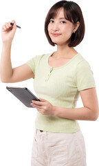 Young asian woman confidently uses tablet stylus smiling brightly. She looks happy while working...
