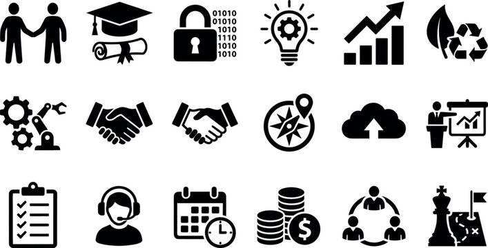 Corporate business strategy analytics vector icon set with handshakes automation cybersecurity education sustainability data growth and project management symbols