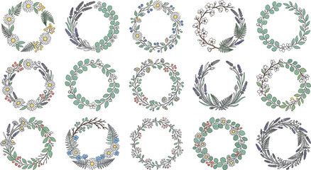 Hand drawn floral wreath vector collection featuring botanical leaves lavender daisy flowers and eucalyptus branches for elegant wedding invitation designs © MDNUR
