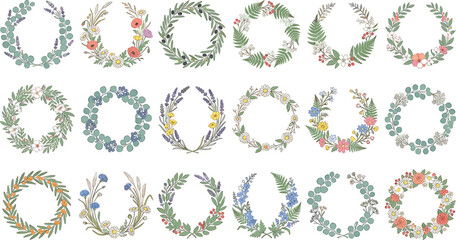 Hand drawn botanical wreath collection with colorful wildflowers lavender poppy leaves and eucalyptus branches for rustic wedding card invitation designs © MDNUR
