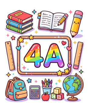 Colorful 4a classroom illustration featuring books, stationery, and globe  
