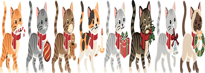 Cute Christmas cat vector illustration collection featuring cartoon striped tabby kittens wearing red scarves holding festive winter holiday ornaments © MDNUR