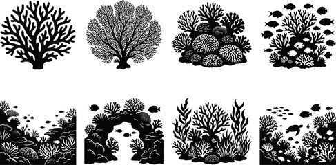 Coral Reef Silhouette Vector Set Featuring Brain Coral, Sea Fan, Seaweed, Tropical Fish, and Underwater Marine Life © Mst
