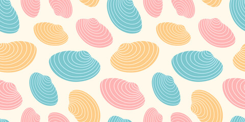 Seamless pattern with colorful clam shells. Repeating marine background with pastel seashells for print, fabric, wallpaper, wrapping, textile, beach, summer, kids design. Flat vector. Hand drawn art. © Julia Preskurel