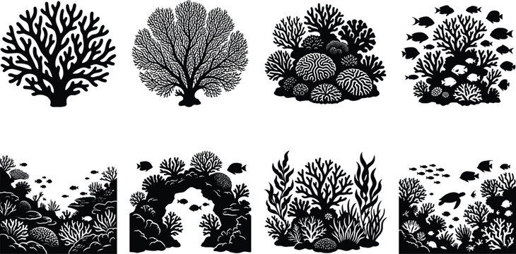 Coral Reef Silhouette Vector Set Featuring Brain Coral, Sea Fan, Seaweed, Tropical Fish, and Underwater Marine Life