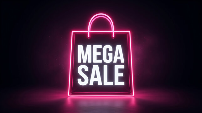 Shopping bag neon sign with mega sale text glowing in vibrant pink against dark background