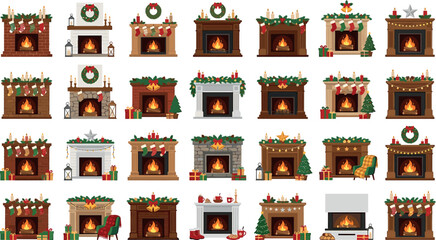 Obraz premium Cozy Christmas fireplace vector illustration collection featuring festive mantels decorated with burning wood winter wreaths stockings garlands and holiday gifts