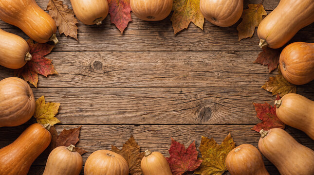 Thanksgiving Autumn Harvest Day butternut squash arranged as a border frame on rustic wood table background with copy space, colorful fall leaves and seasonal harvest decoration