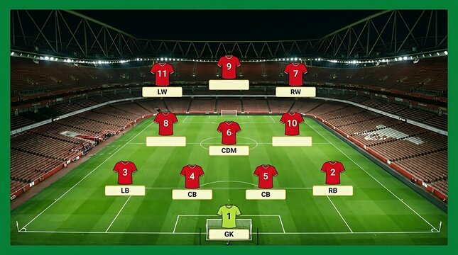 Soccer team formation on stadium field. Football lineup strategy with red jerseys.
