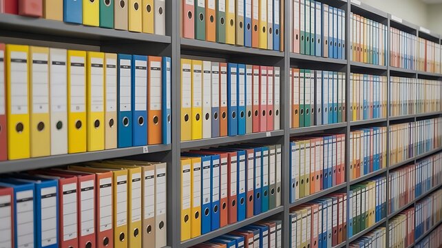 Rows of colorful ring binders organized on metal shelves in a modern office archive room for document storage and systematic corporate filing system