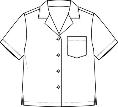 Short sleeve camp collar button down shirt with chest pocket fashion flat sketch technical drawing vector illustration apparel template